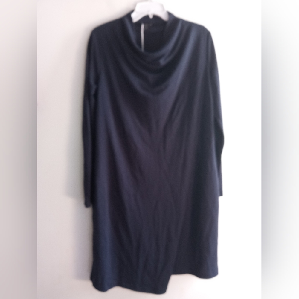 NWT COS Women Navy Blue Mock Neck Drape Detail Knit Sweater Midi Dress sz Medium